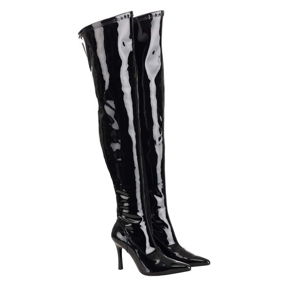 Black Patent Over-the-Knee Pretty Woman Boots Faux Patent Leather Size 10 - Picture 1 of 13
